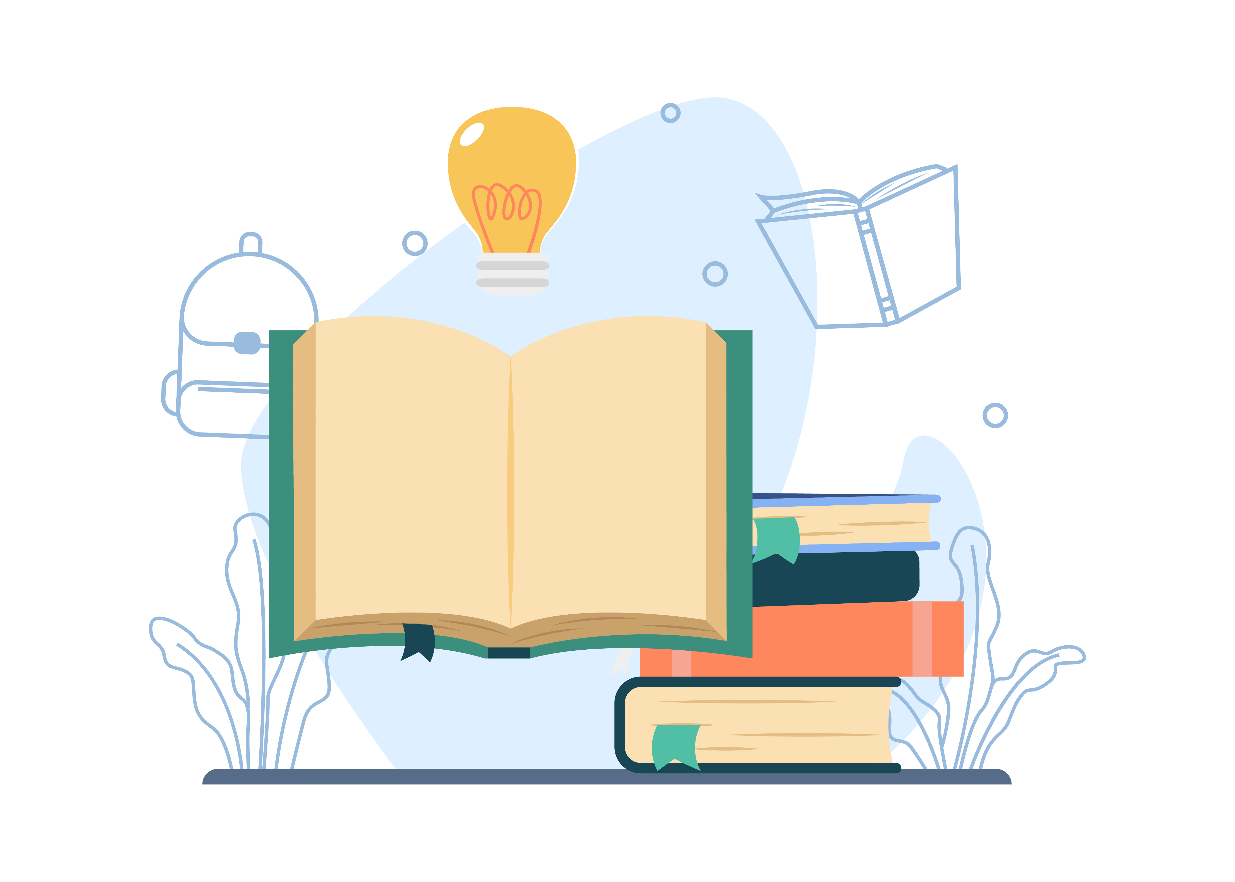 A vector graphic of a book with a light bulb near it.