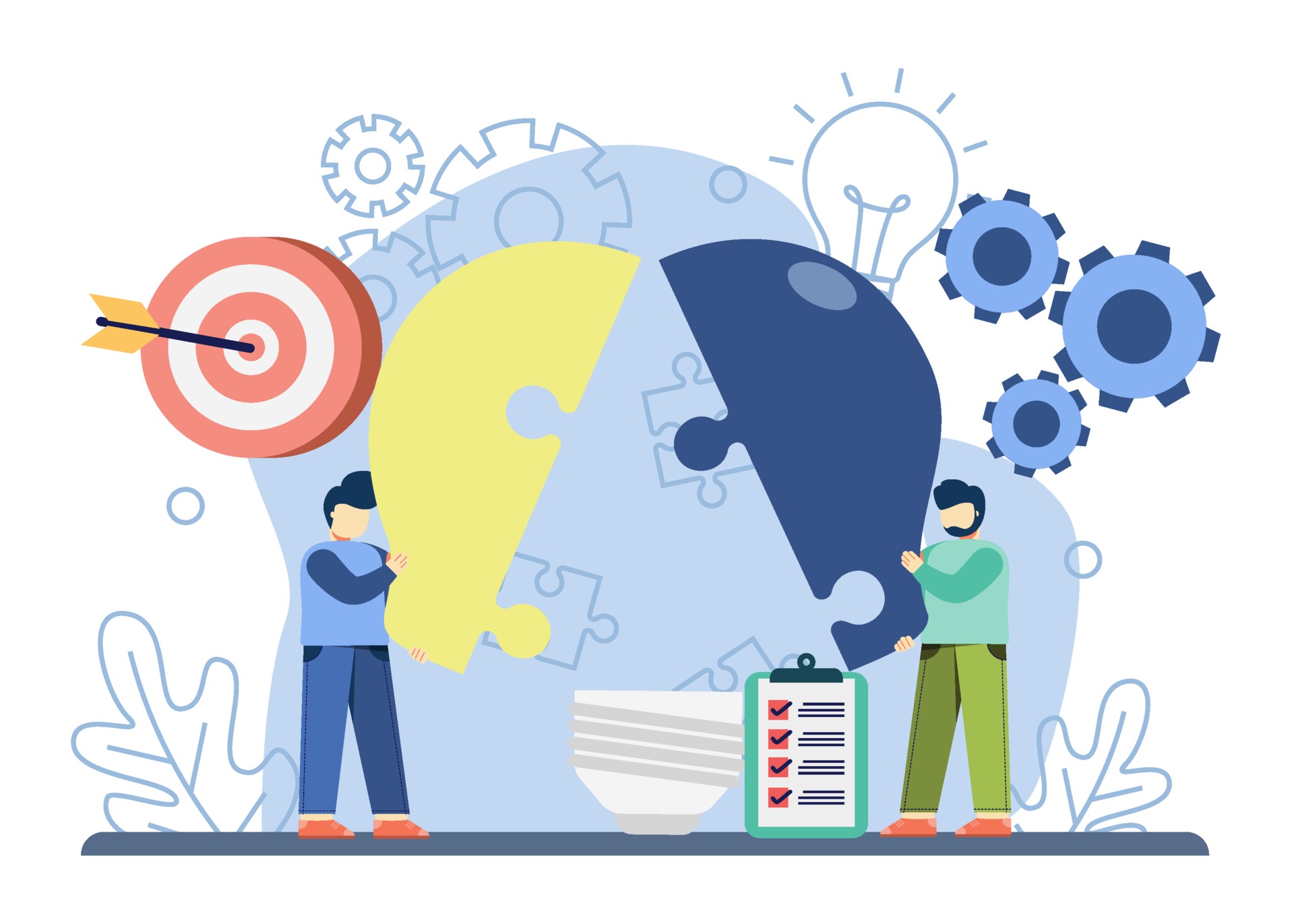 A vector graphic of a people trying to piece together a light bulb