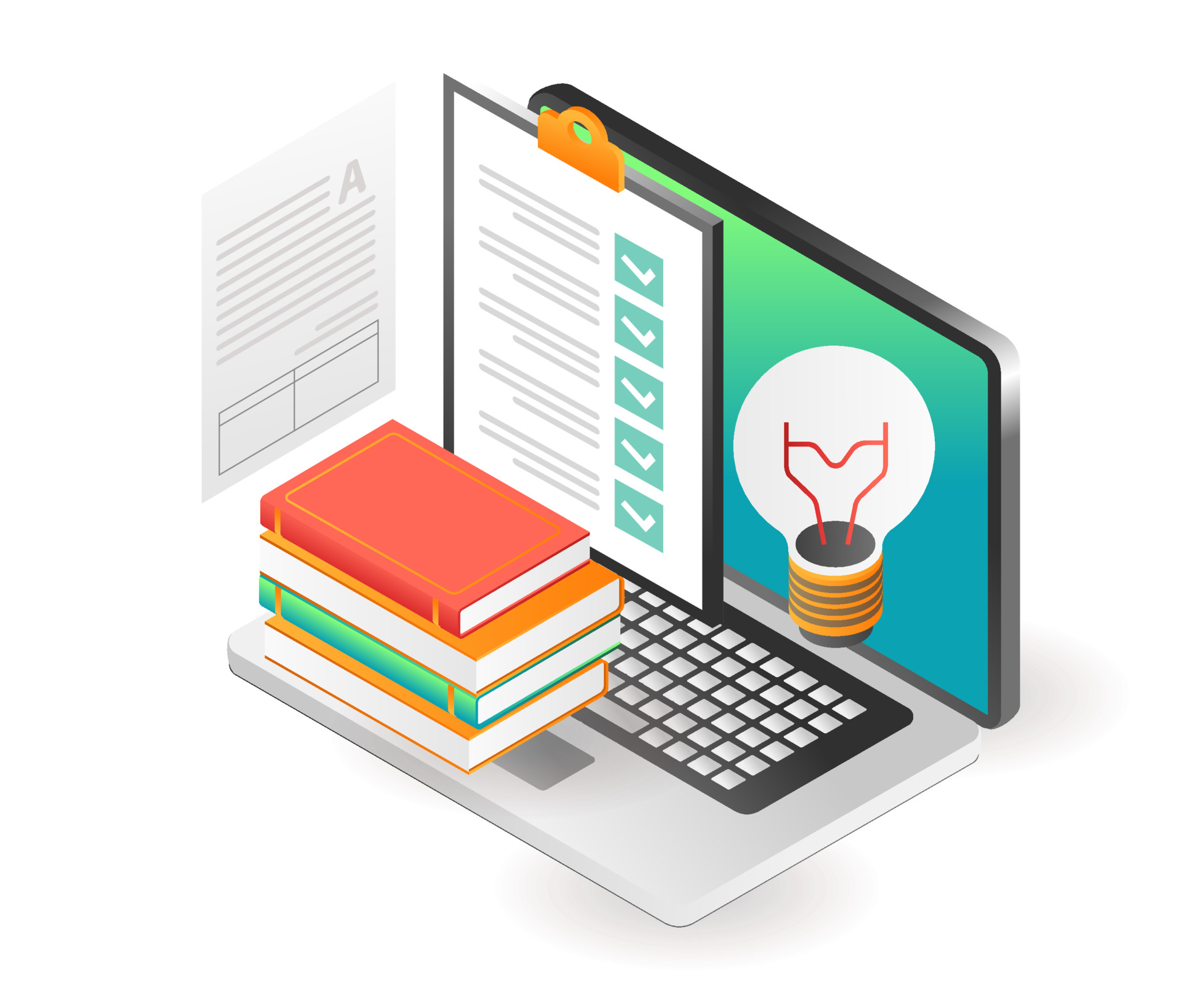 A vector graphic of a desk with a stack of books right in front of a computer
